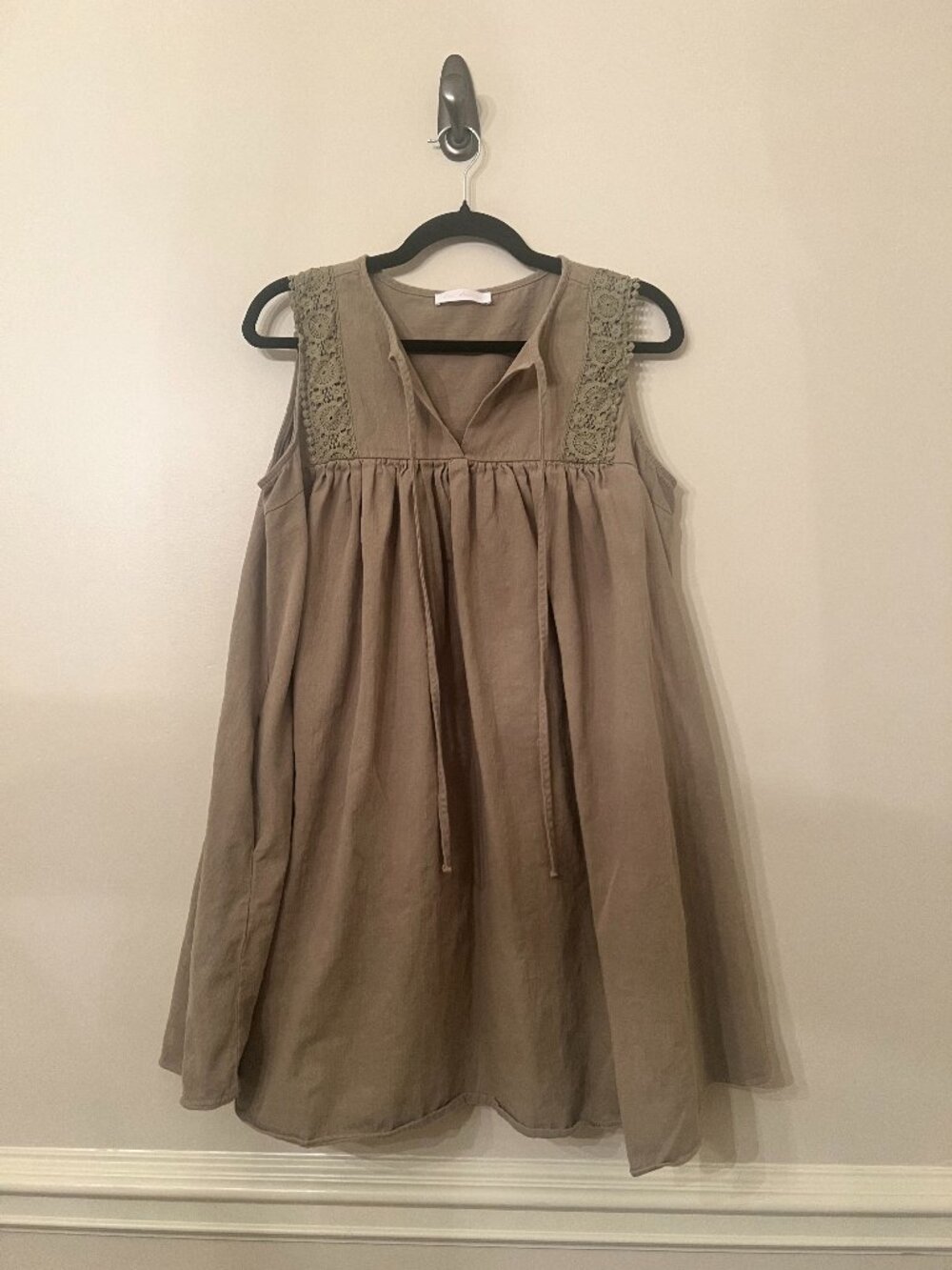 Ces Femme Sleeveless Olive Green Dress with Lace Detail